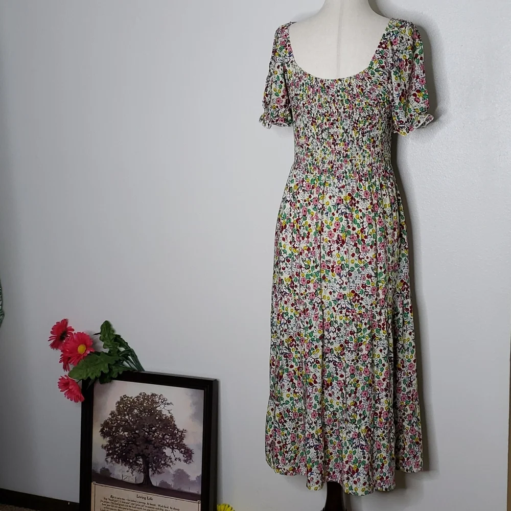 Boutique Boho Summer Floral Midi Dress Ruffle Calico Smocking Bohemian - Picture 13 of 14